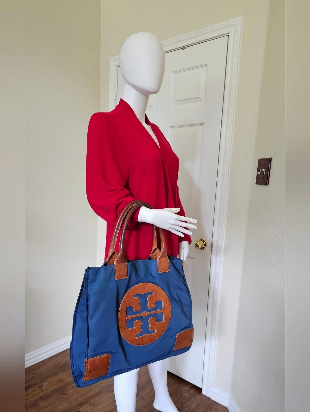 Tory Burch Blue Nylon Tote with Brown Leather Trim and Logo